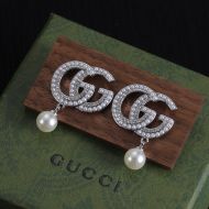 Gucci Double G Pearl Crystals Earrings In Silver