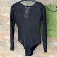 Gucci Long Sleeve Bodysuit Women GG Supreme Embroidery and Mesh Black