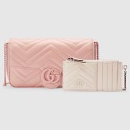 Gucci Super Mini Marmont Flap Crossbody Bag with Card Holder In Matelasse Leather 751526 Pink