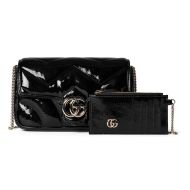 Gucci Super Mini Marmont Flap Crossbody Bag with Card Holder In Patent Leather 751526 Black