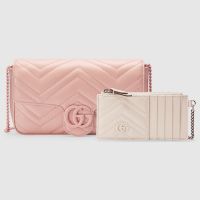 Gucci Super Mini Marmont Flap Crossbody Bag with Card Holder In Matelasse Leather 751526 Pink