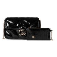 Gucci Super Mini Marmont Flap Crossbody Bag with Card Holder In Patent Leather 751526 Black