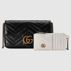 Gucci Super Mini Marmont Flap Crossbody Bag with Card Holder In Matelasse Leather 751526 Black