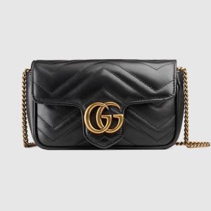 Gucci Super Mini Marmont Flap Crossbody Bag In Matelasse Leather 476433 Black/Gold